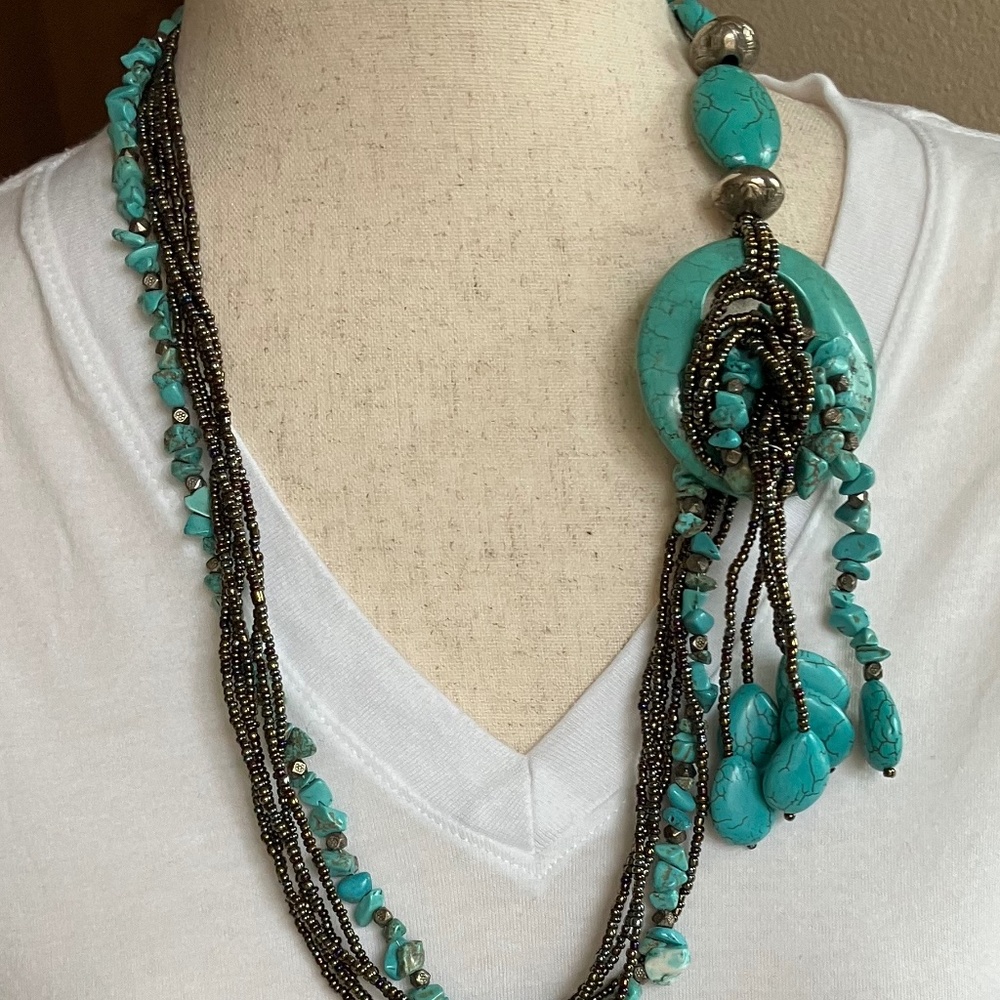 Turquoise Faux Stone with Multi-stand Beads in Pewter